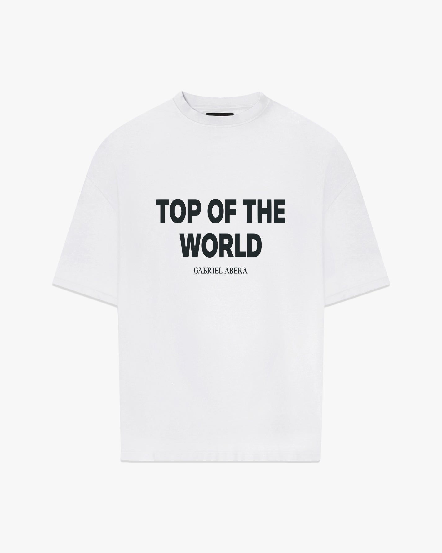 White oversize tshirt wiht black top of the world design in the front