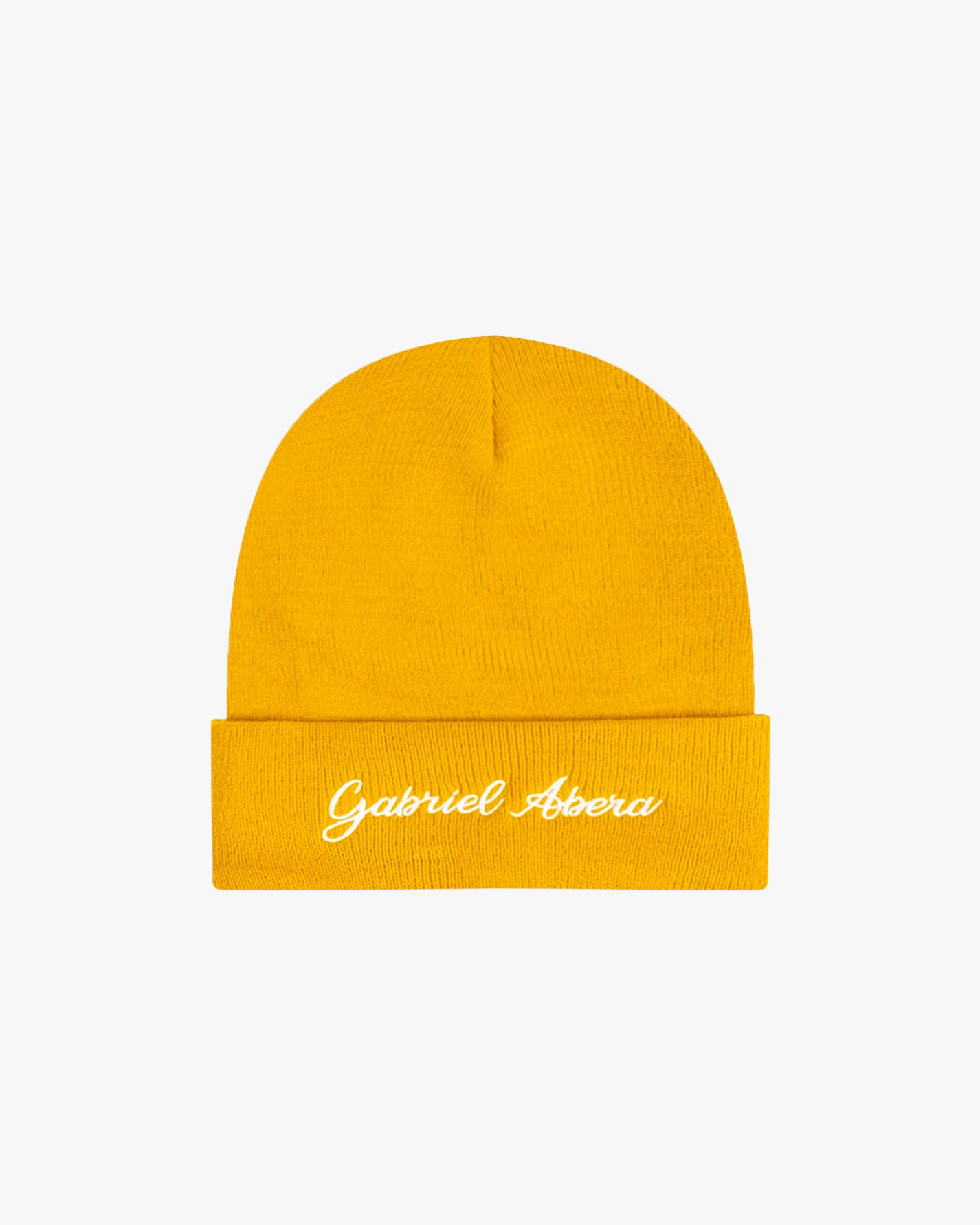 Yellow beanie with brand name embroidery