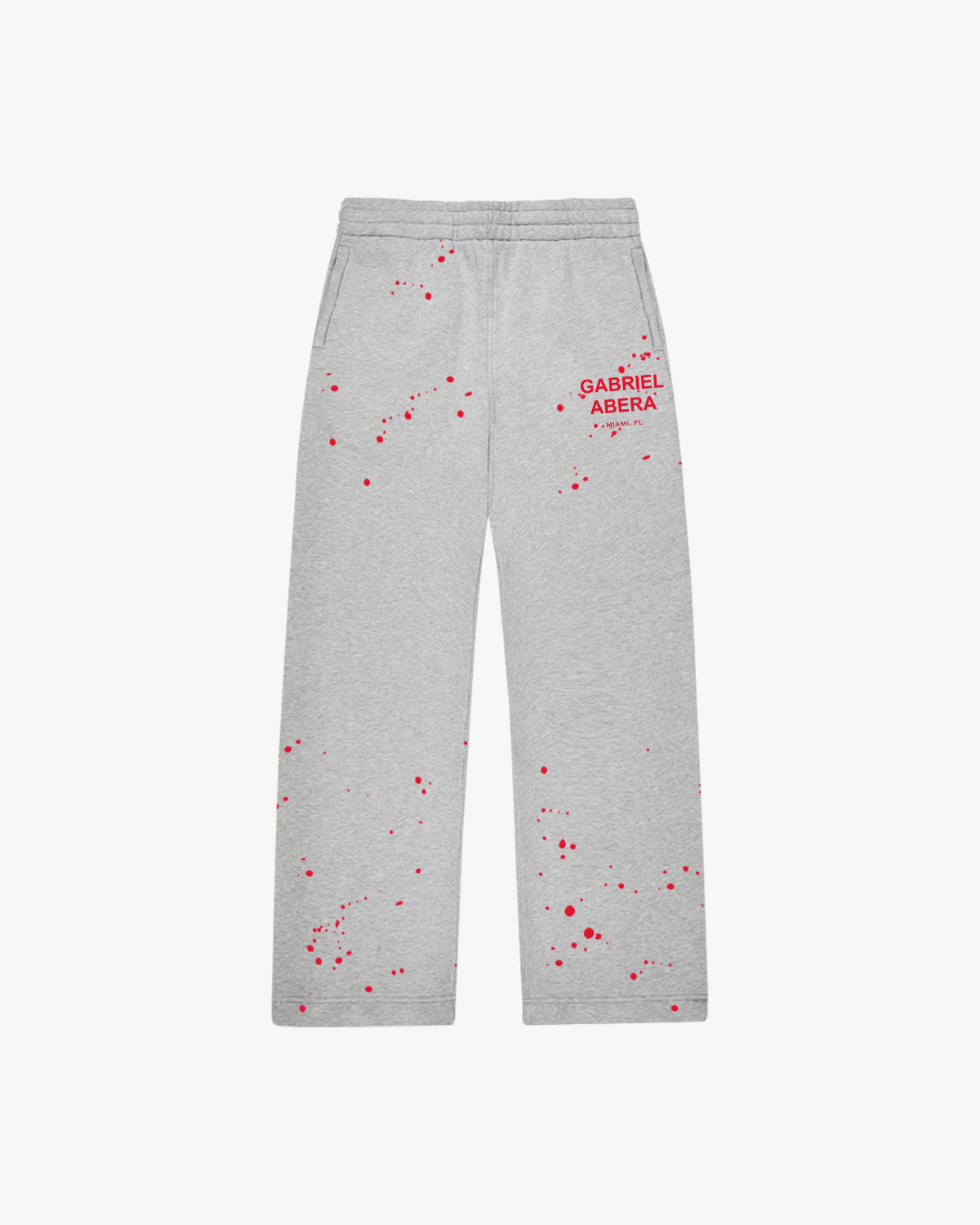 Front view of Splattered Sweatpants in Grey with baggy streetwear silhouette and premium design.