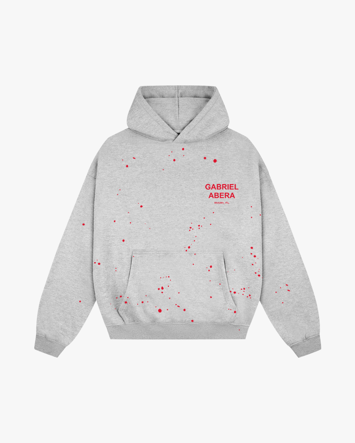 Front view of Grey Splattered Puff Hoodie with hand-painted details, puff print, and oversized streetwear design.