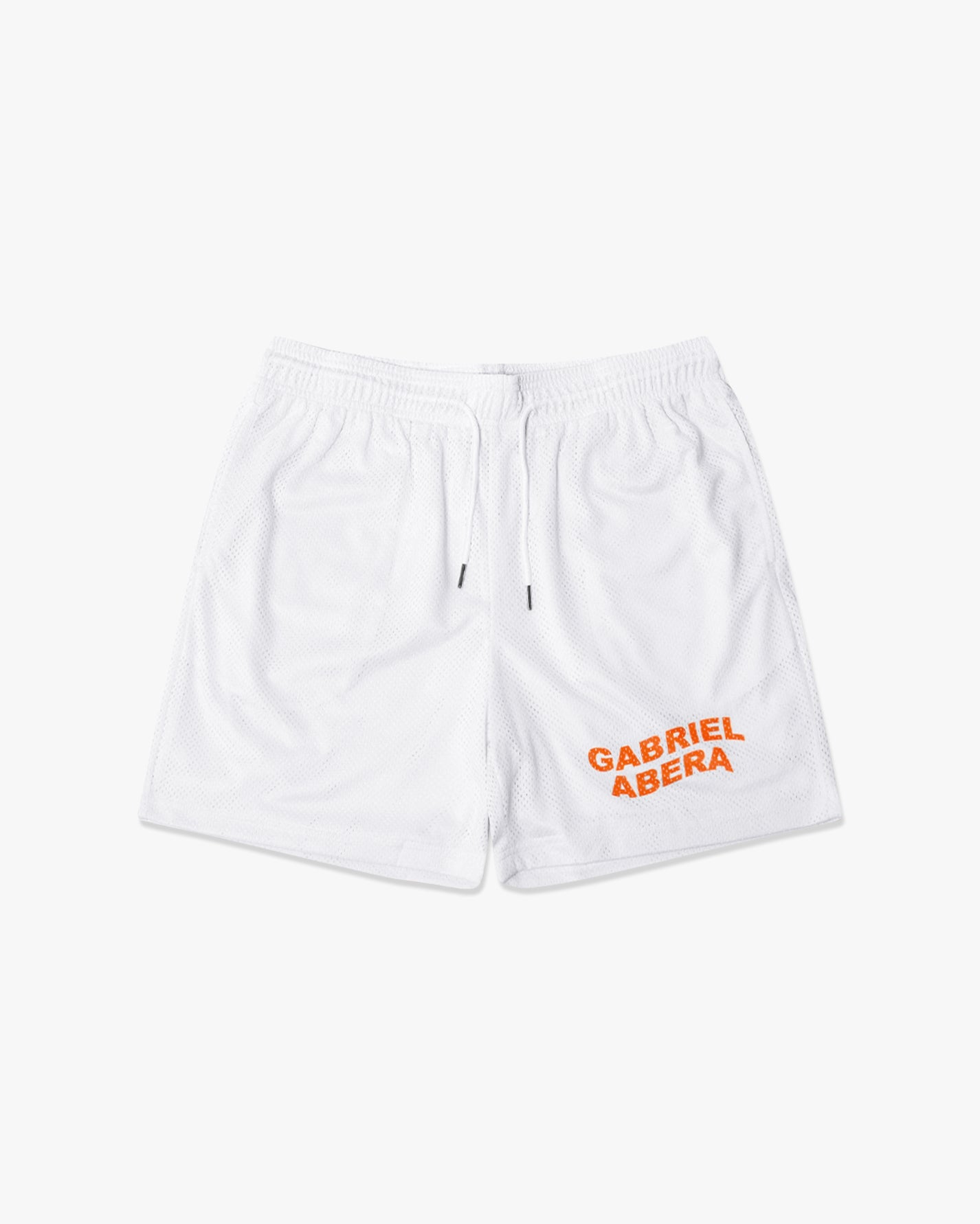 white mesh shorts with orange brand name print in the front